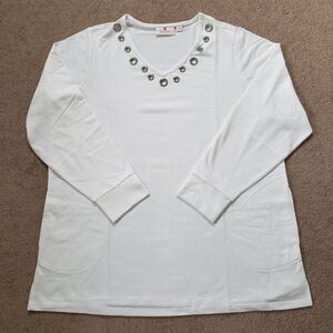 Quacker Factory Women's Long Sleeves Shirt Jeweled White V-Neck Pockets Size XL